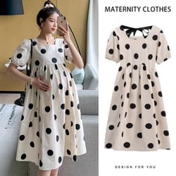 maternity fashion summer dress, high-end fresh dotty skirt for outdoors, loose-fit pregnancy clothes
