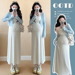 pregnant women's temperament wearing spring clothes, pure cotton camisole dress, blue cardigan two-piece set