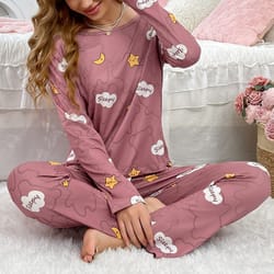 women pajamas set, long sleeve top and pants sleepwear 2 piece, autumn casual loose elastic homewear sweet