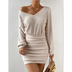 women's autumn winter knitted sweater mini dress, female casual solid wrap v-neck, long sleeve warm bodycon short dresse