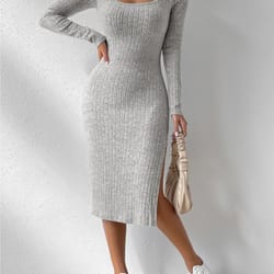 casual long sleeve scoop neck midi dress, women's plain split thigh ribbed bodycon dress for fall and winter