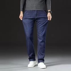 winter fleece lined denim pants for men warm high waist straight fit
