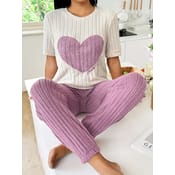 Womens Heart Print Pajama Set Round Neck Short Sleeve Top With Long Pants Sleepwear 0