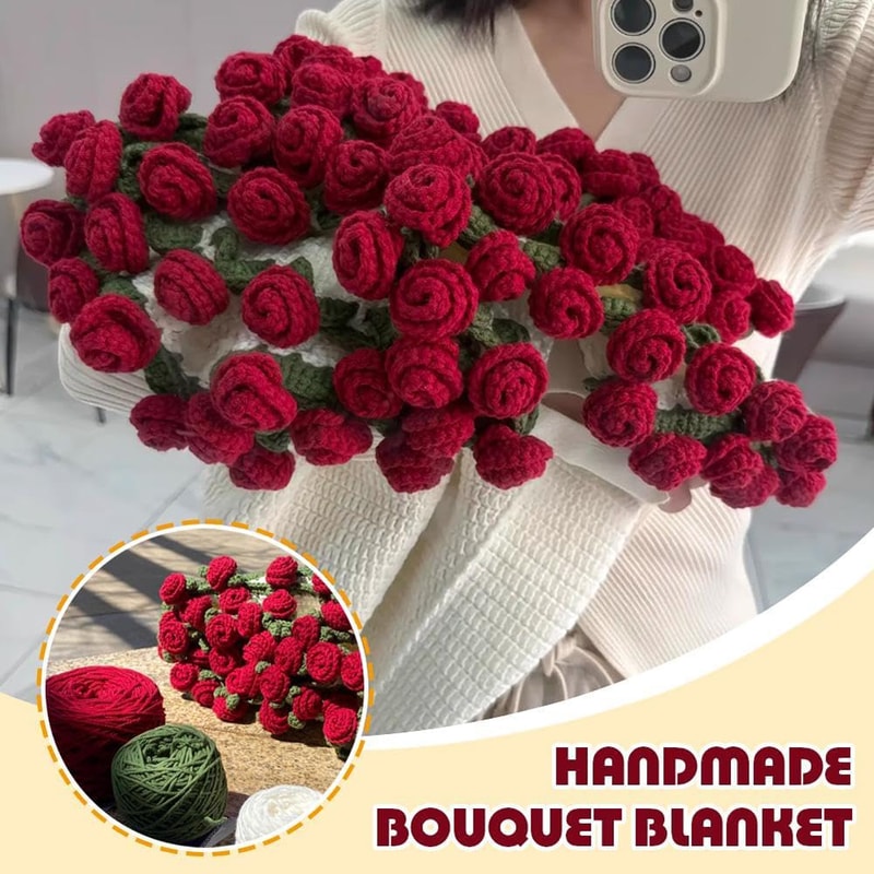 Handmade Crochet Rose Blanket Bouquet with Gift Bag Valentine's Day Birthday Gift