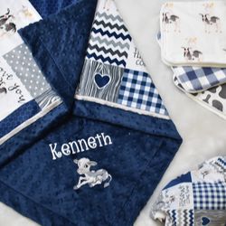 Personalized Matching Baby Gift, Cow Baby Boy Minky Blanket, Farm Baby Blanket Set-Knit Swaddle Blanket- Burp Cloths