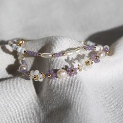 Purple Bracelets Set Flower Jewellery Daisy Bracelet Pearl Aesthetic Jewelry Floral Cute Jewels