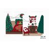 Christmas party decor with Christmas tree, toys, garland and fir wreath. A bed with bright red and green pillows and a checkered blanket. Hot cocoa table with c