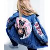 Painted women Denim jacket-hand painted jeans jacket-unique Designer Cat-woman art-custom clothing-personalized pattern11.jpg