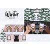 Winter pink two-story residential building covered with snow. Snowing. Christmas tree under the snow. Winter landscape. Winter travel by car. Two mugs in the ha