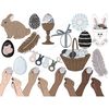 Spring set of Easter elements. The brown rabbit is sitting on the ground. Painted Easter eggs in a large wicker basket. A bucket of Easter eggs in the shape of 