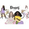 Clipart set of girls in spring dresses with flowers and girls on bicycles. African American girl in purple jumpsuit. Girl in a white dress. African American gir