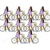 Clipart set of African American girls in purple overalls and turquoise sneakers in wicker hats on yellow bicycles. Large wicker basket of daisies on bicycles. V