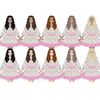 Clipart set of long-haired girls in bright summer dresses with colorful dots print and purple belt. Various shades of skin and hair colors