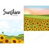 Bright cloudy summer day with blue sky, green forest and fields. Bright yellow sunflowers and a green, blue and orange butterfly flit from flower to flower. A h
