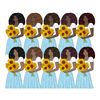 African American girl with curly hair in a white top and a blue skirt with a white dot and a bouquet of sunflowers in her hands. Various shades of skin and hair