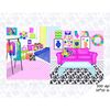 Clipart of bright retro room interiors from the 70s, 80s, 90s with colorful clothes, posters, pillows, checkered floors and curtains. Hippie bedroom and living 