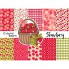 Summer digital papers with strawberries on a white, green and red background. Spring flowers patterns. Checkered pink and green seamless patterns. Strawberry se