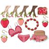 Women's legs in green-pink strawberry sandals. Sandwich with peanut butter, jam and strawberries. Strawberry necklace. Women's earrings in the shape of strawber