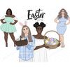 Girls celebrate Easter with baskets of colorful Easter eggs in their hands. A girl with a bunny headband. Girls in blue checkered clothes. A girl in a white dre