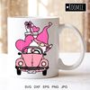 Valentine gnome in pink retro car with hearts mug design.jpg