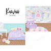 Scene creators of cute kawaii bedroom and dressing room interiors. Bedroom with kawaii pillows with eyes and a white vintage table and makeup seat. Kawaii women