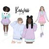 Kawaii cute pretty  girls in pastel clothes. African american kawaii girls with afro hairstyle and buns.
