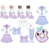 Purple lace-up heels on woman's legs in socks with star print. Kawaii female form from a top and a short skirt. White, blue and purple bows. Kawaii cocktail wit