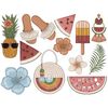 Pieces of watermelon with seeds and the inscription Hello Summer. Pineapple with glasses and a flower. Popsicle boho style pink-orange color. Women's earring in