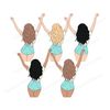 Girls in yellow T-shirts and blue denim shorts stand with their backs raised their hands up. Girls have different shades of skin colors and hair