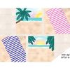 Beach scenes on a summer sunny day. Sandy beach with a palm tree against the background of the sea and the sun. White-pink and white-blue striped towels lie on