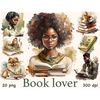 Watercolor portraits. Afro girl with afro hairstyle with a stack of books. Afro girl holding a book in her hands. Afro young man with a beard holds an open book