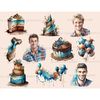 Watercolor clipart male birthday. Birthday men in blue plaid shirts. One man is blond, another with brown hair, the third with a beard. Birthday cakes, a set of