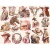 Watercolor wild west cowboy girls, cowboy men, wild west horses, cowboy hats, floral bull skull with flowers, whiskey barrel on stump, wreath wicker with rose f