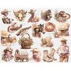 Watercolor cowboy girls in the wild west, cowboy men, wild west horses, cowboy hats, cowboy sawn-off with hilt patterns, flower basket, wild cacti, tavern, wood