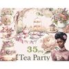 Watercolor clipart tea party. African American girl in a pink Victorian dress and a pink lace choker around her neck with a cup of tea in her hands. Teapot with