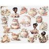 Watercolor clipart tea party. African American girls in Victorian dresses holding cups of tea. Teapots with flowers, pieces of cakes with flowers, a tea table i