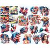 Watercolor patriotic clipart for 4th of July celebration. Portraits of families with children, girls, dogs on the background of the American flag, a picnic scen