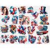 Watercolor patriotic clipart for 4th of July celebration. Portraits of a family, a girl, a man, cats and dogs on the background of the American flag, flowers, b