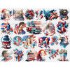 Watercolor patriotic clipart for 4th of July celebration. Portraits of a family, children, girls, a man, an eagle, a cat, a dog against the background of the Am