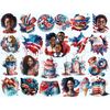 Watercolor patriotic clipart for 4th of July celebration. Portraits of African American families with children, men and girls, cat, hot air balloons, kites, ice