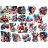 Watercolor patriotic clipart for 4th of July celebration. Portraits of African American families with children, girls, dogs, eagle. Lollipops, donuts, drinks, c