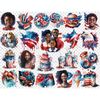 Watercolor patriotic clipart for 4th of July celebration. Portraits of African American families with children, men and girls, cat, hot air balloons, kites, ice