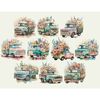 Watercolor clipart retro floral of romantic trucks with flowers in their trunks. Green truck, pink-blue-yellow truck, turquoise truck. Farmhouse truck with flow