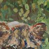 Fragment of a close-up Female Lion in rainforests painting.