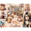 Watercolor brunette coffee lover with coffee cup, coffee shop interior, coffee house landscape, coffee bean bag, french press coffee, coffee filter and cinnabon