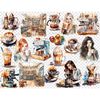 Watercolor coffee lovers girls with cups of coffee - blonde, brunette, redhead, coffee shop and coffee house interior, coffee machines, latte art in a cup, coff