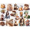 Watercolor girls coffee lovers with cups of coffee - brunette, with brown hair, with green hair, coffee house outdoor landscape, french press coffee, coffee in