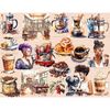 Watercolor black girls coffee lovers with cups of coffee - brunette, with purple hair, with brown hair, coffee house interior scene, cup of hot black coffee, ba