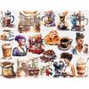 Watercolor black girls coffee lovers with cups of coffee - brunette, with purple hair, with brown hair, coffee house interior scene, cup of hot black coffee, ba