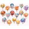 Pastel watercolor illustration of floral hot air balloons with flowers. Festive hot air balloons orange, blue, blue, green, purple, red for baby girl nursery sc